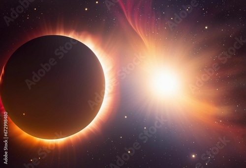 A solar eclipse, with an array of bright sun rays radiating out from the eclipse