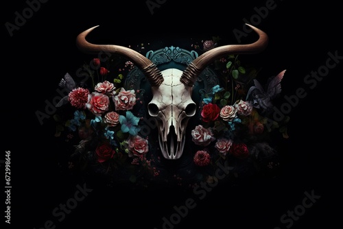 Buffalo skull with flowers. Mythic abstract illustration. Psychedelic ethnic element. Mystical design for Halloween print, card, poster, decor 