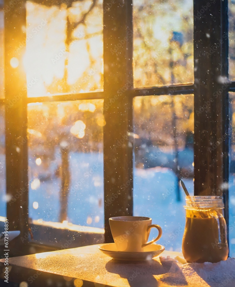 Cup of hot coffee. Good morning. Winter holiday season. Cozy evening time. - obrazy, fototapety, plakaty 