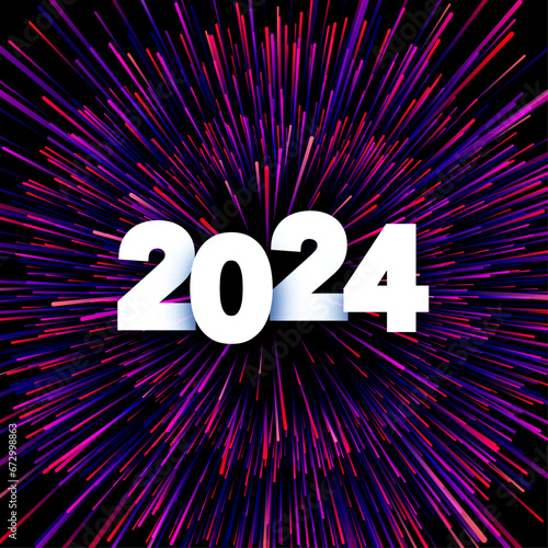 New Year 2024 paper numbers for calendar on colorful background made of exploding fireworks particles.