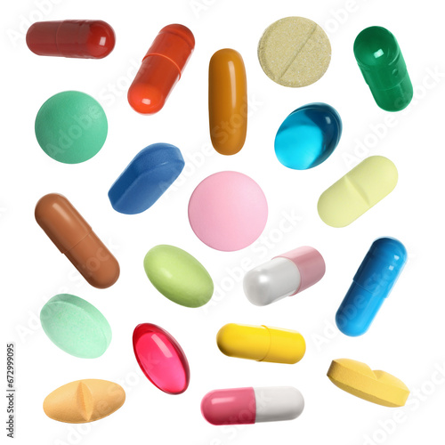 Many pills in different forms and colors isolated on white, collection