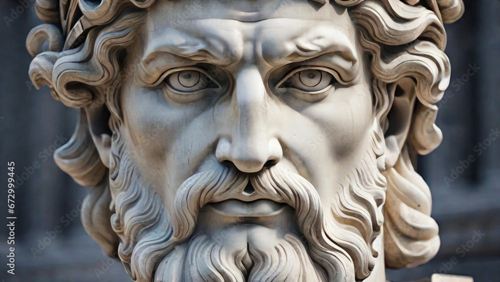 Handsome marble statue of powerful greek god Zeus over dark background