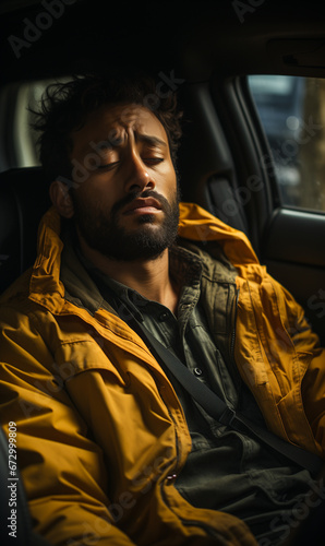 A really tired man sleeping in a car after work. Generative AI.  © Elle Arden 