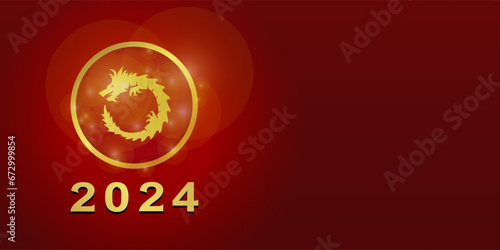 Happy Chinese New Year 2024 red with a dragon symbol in the circle on the left for the banner © Veroy