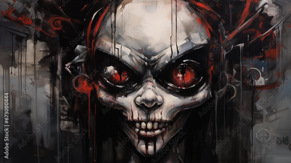 Naklejka premium Dark art creepy clown doll in black shadows with diabolical red eyes and evil stitched lips grin, bloody and possessed, paranormal Coulrophobia hell painted portrait art.