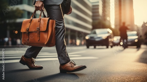 Close up of legs Businessman crossing the street on crosswalk and holding a laptop bag in the city. photo