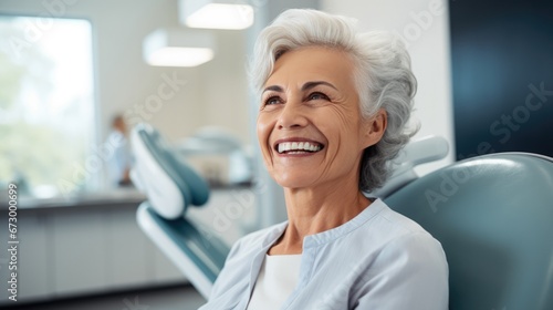 Happy mature woman during teeth checking at dental clinic.