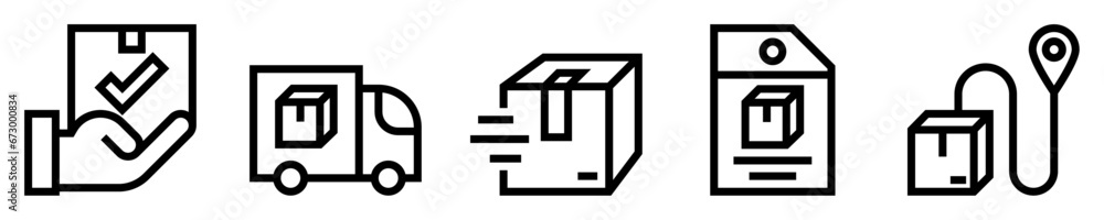 Conjunto de iconos de entrega. Servicio de courier. Paquete, camión de entrega, envío rápido, etiqueta, punto de entrega. Ilustración vectorial Conjunto de iconos de entrega. Servicio de courier. Paquete, camión de entrega, envío rápido, etiqueta, punto de entrega. Ilustración vectorial
