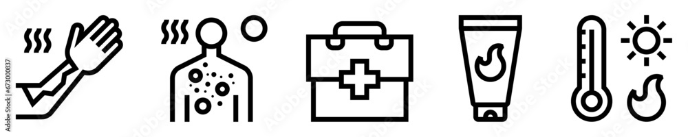 Conjunto de iconos de quemaduras de la piel. Brazo con lesiones, quemadura en el cuerpo, primeros auxilios, protector solar, temperatura caliente. Ilustración vectorial Conjunto de iconos de quemaduras de la piel. Brazo con lesiones, quemadura en el cuerpo, primeros auxilios, protector solar, temperatura caliente. Ilustración vectorial