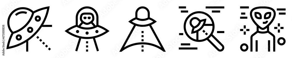 Conjunto de iconos de ovni. nave espacial, extraterrestre, investigación científica, marciano. Ilustración vectorial