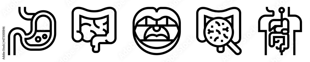 Conjunto de iconos de sistema digestivo. Estómago, intestino, boca y dientes, microbiota intestinal. Ilustración vectorial Conjunto de iconos de sistema digestivo. Estómago, intestino, boca y dientes, microbiota intestinal. Ilustración vectorial