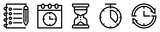 Conjunto de iconos de gestión del tiempo. Lista de tareas, calendario, reloj de arena, cronómetro, reloj con flechas. Ilustración vectorial