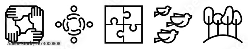 Conjunto de iconos de coexistencia. Convivencia. Manos entrelazadas, diversidad cultural, rompecabezas, palomas blancas, árboles. Ilustración vectorial