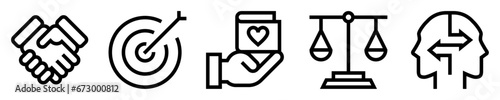 Conjunto de iconos de ética de negocios. Acuerdo comercial, balanza de justicia, billetera, intercambio de ideas, objetivo empresarial. Ilustración vectorial