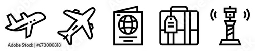 Conjunto de iconos de avión. Aeropuerto. Despegue, en vuelo, pasaporte, maleta, boleto, torre de control. Ilustración vectorial