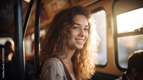 Young smiling woman while traveling by public bus. © Oulaphone