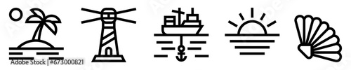 Conjunto de iconos de línea costera. Isla, playa, barco anclado, horizonte, atardecer, conchas marinas. Ilustración vectorial