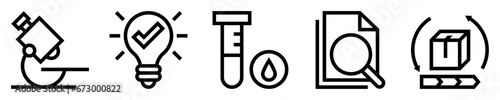 Conjunto de iconos de investigación y desarrollo. Microscopio, idea creativa, muestra de laboratorio, buscar documentos, desarrollo del producto. Ilustración vectorial