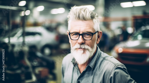 Middle-aged white man with beard and glasses in garage, contemplative about automotive work, serious and focused