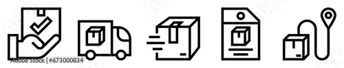 Conjunto de iconos de entrega. Servicio de courier. Paquete, camión de entrega, envío rápido, etiqueta, punto de entrega. Ilustración vectorial