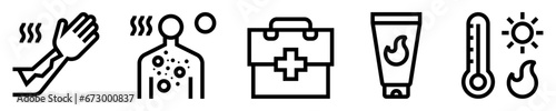Conjunto de iconos de quemaduras de la piel. Brazo con lesiones, quemadura en el cuerpo, primeros auxilios, protector solar, temperatura caliente. Ilustración vectorial