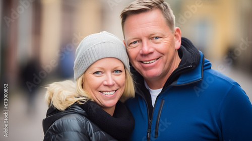 Young, blonde, Caucasian couple in city setting, smiling and close, happy and in love, sharing a memorable moment.