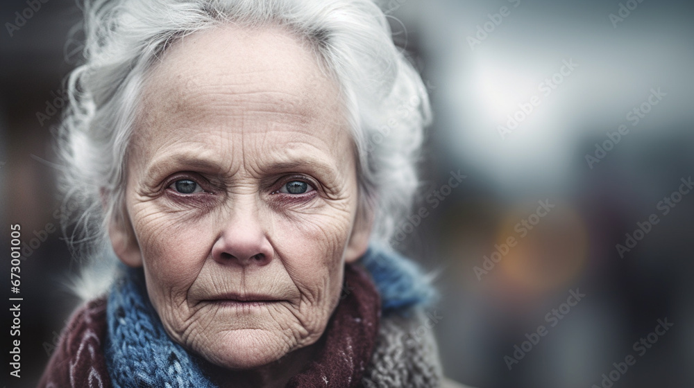 Middle-aged woman, cold autumn weather, jacket, looking sad and lonely, fictional location Middle-aged woman, cold autumn weather, jacket, looking sad and lonely, fictional location