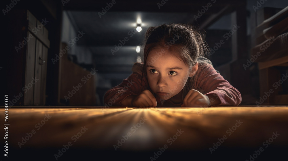 Young girl with a sense of wonder in a dark room, exploring with curiosity. Young girl with a sense of wonder in a dark room, exploring with curiosity.
