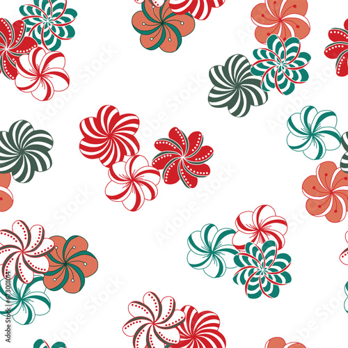 A White Background Is Scattered with Clusters of Tangle-Style Flowers in Red, Green, and White that Look a Bit Like Christmas Candies Creating a Vector Repeat Seamless Pattern Design