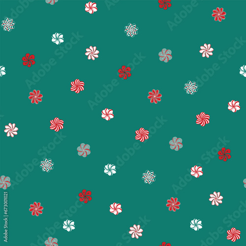 A Vector Repeat Seamless Pattern Design Created on a Green Background with a Ditsy Pattern of Tangle-Style Flowers of Red, Green and White that Look a Bit Like Christmas Candies