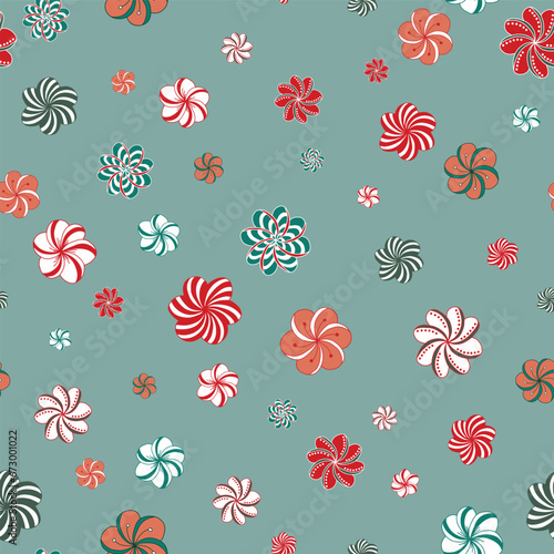 Created with a Scattering of Tangle-Style Flowers in Red, Green, and White on a Muted Green Background Looking a Bit Like Christmas Candies