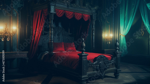 Ornate bed with red canopy and sheets in a cozy, dimly lit room with antique charm