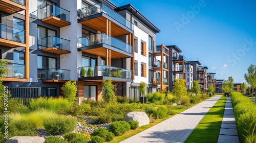 Peaceful residential area with well-maintained townhouses, lush greenery, and inviting pathways. © wetzkaz