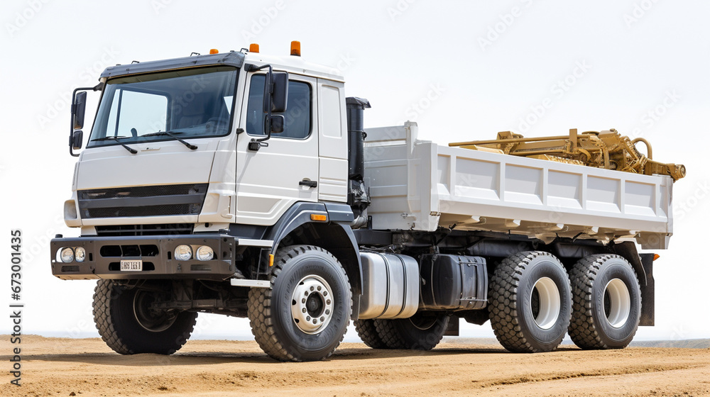 Large White Dump Truck Carrying Gravel on Dirt Road