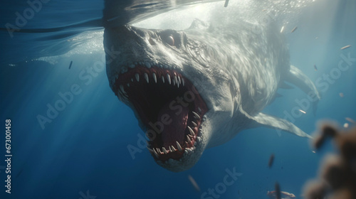abstract  shark attack  monster shark  deep ocean  in water in the sea  open mouth  big teeth  horror and wild shark
