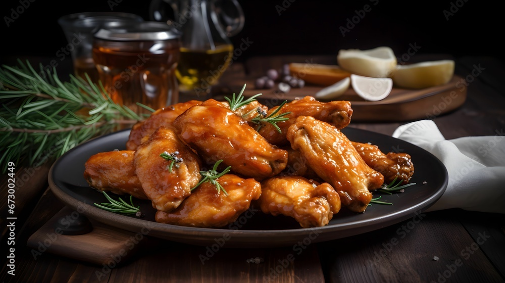 AI generated illustration of a plate of crispy chicken wings, seasoned with a blend of honey AI generated illustration of a plate of crispy chicken wings, seasoned with a blend of honey