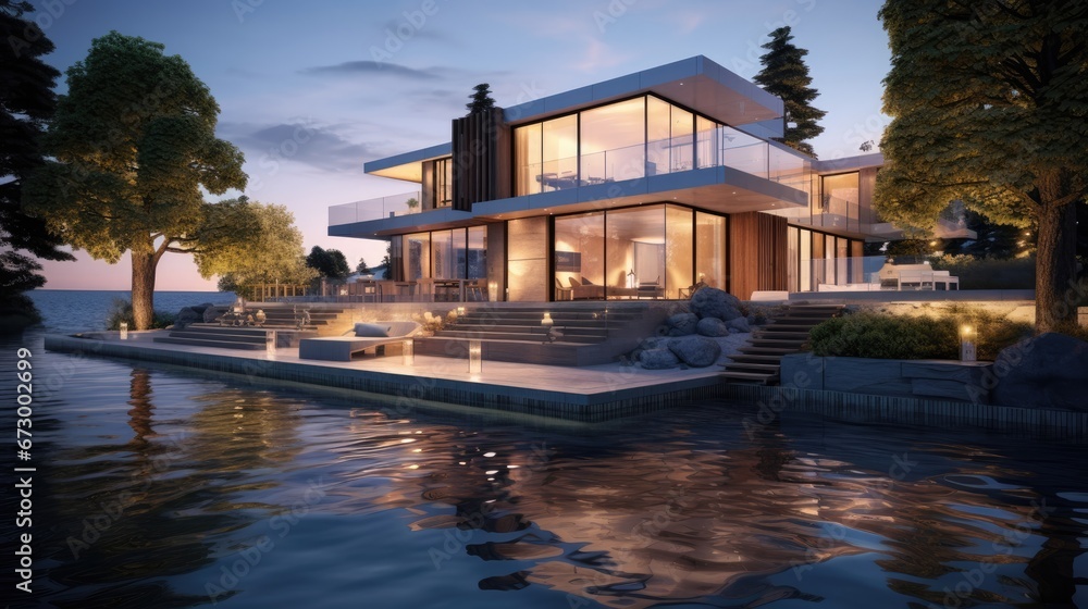 3d rendering of modern house by the river at evening, house, luxury, villa, modern, architecture, building, exterior, residential, property, designer 3d rendering of modern house by the river at evening, house, luxury, villa, modern, architecture, building, exterior, residential, property, designer