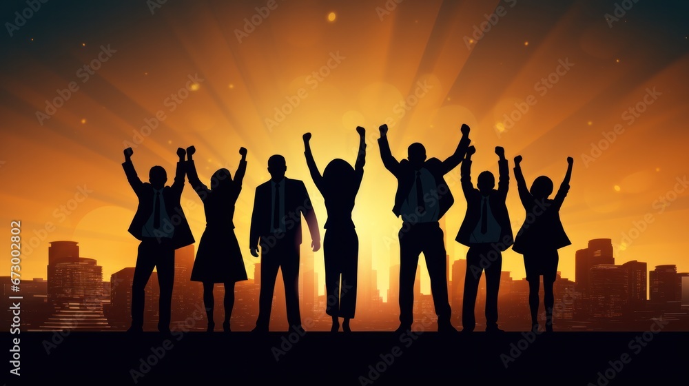 Silhouette of business team stand and feel happy on the most hight at stand on sunset, success, leader, teamwork, target, Aim, confident, achievement, goal, on plan, finish, generate by AI Silhouette of business team stand and feel happy on the most hight at stand on sunset, success, leader, teamwork, target, Aim, confident, achievement, goal, on plan, finish, generate by AI