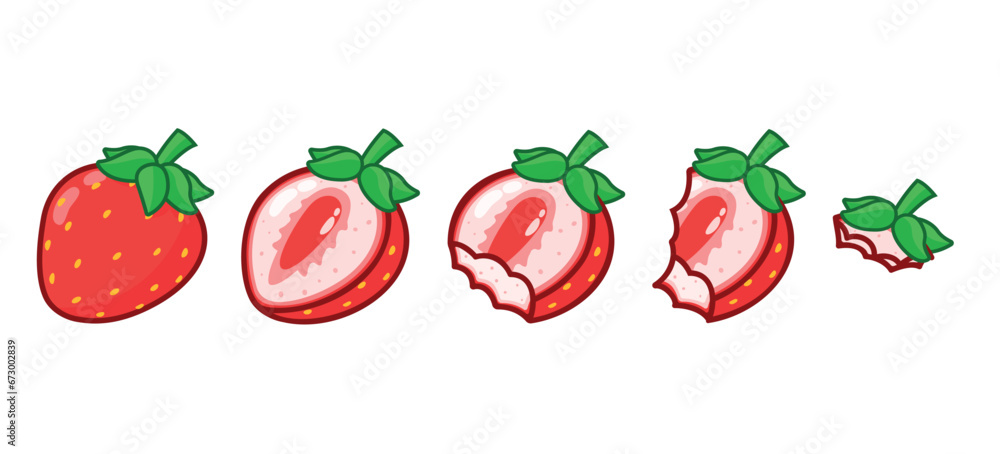 Sequence of bitten sliced strawberry. Strawberry sliced in half and bitten on a white background. Sequence of bitten sliced strawberry. Strawberry sliced in half and bitten on a white background.