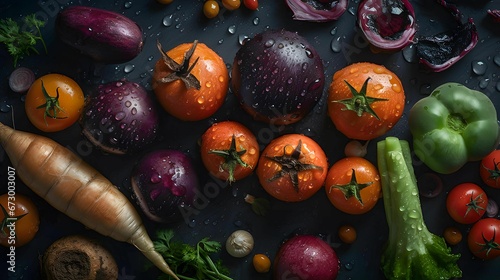AI generated illustration of fresh, vibrant vegetables and fruits with glistening water droplets