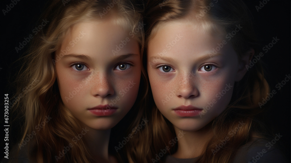 A studio portrait of two young sisters or friends. Love and togetherness and lasting friendship. A studio portrait of two young sisters or friends. Love and togetherness and lasting friendship.