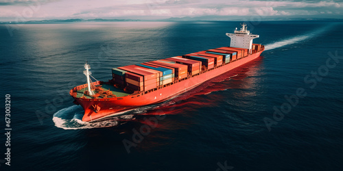 Aerial view of a cargo ship sailing on the ocean, containers, international trade, industry, and logistics. Logistics Afloat: Aerial Vision of Cargo Ship and Containers.