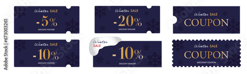 冬のセールに使えるネイビーの雪のクーポンベクターデザインセット1