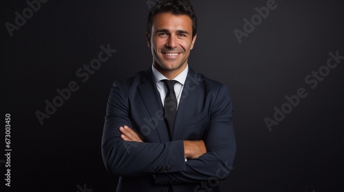 A closed arm businessman on black background