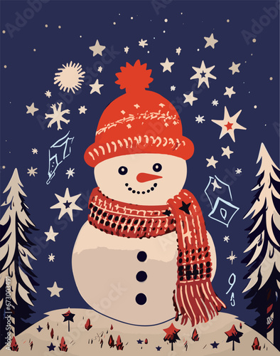 a blue and orange snowman with a scarf, hat and stars