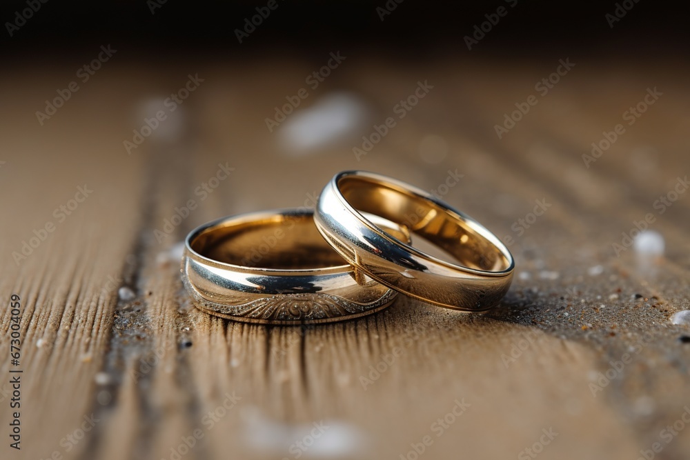 wedding rings on wooden background, close-up, selective focus wedding rings on wooden background, close-up, selective focus