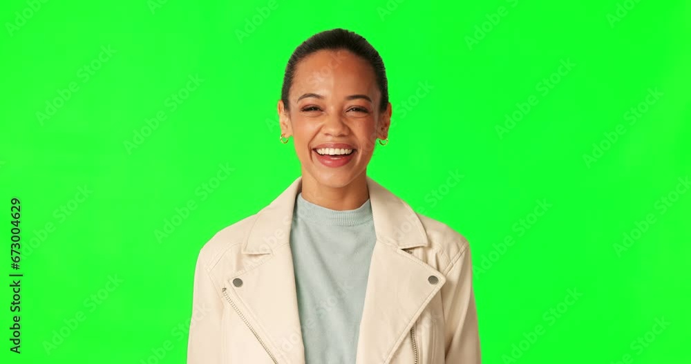 Business woman, wink and face by green screen for secret, comic joke and laughing by studio background. Entrepreneur, happy smile and funny sign with eyes for deal, promo and fashion with chroma key Business woman, wink and face by green screen for secret, comic joke and laughing by studio background. Entrepreneur, happy smile and funny sign with eyes for deal, promo and fashion with chroma key