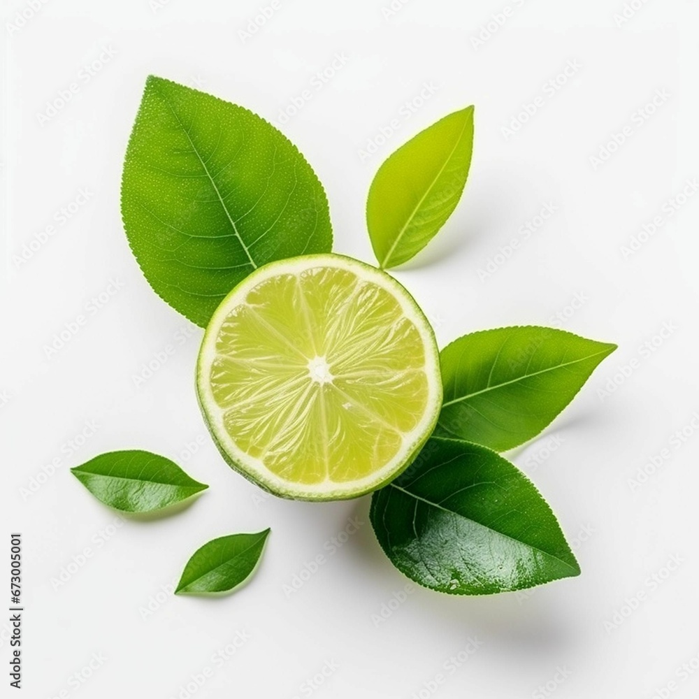 AI generated illustration of a fresh, juicy lime with green leaves on a white background AI generated illustration of a fresh, juicy lime with green leaves on a white background