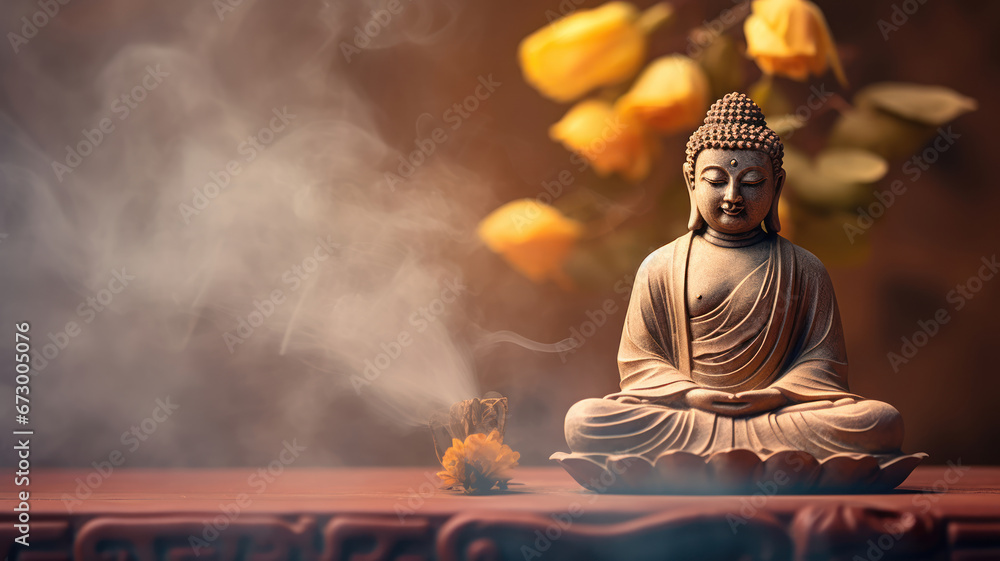 The serene gaze of buddha through the mystical haze of incense