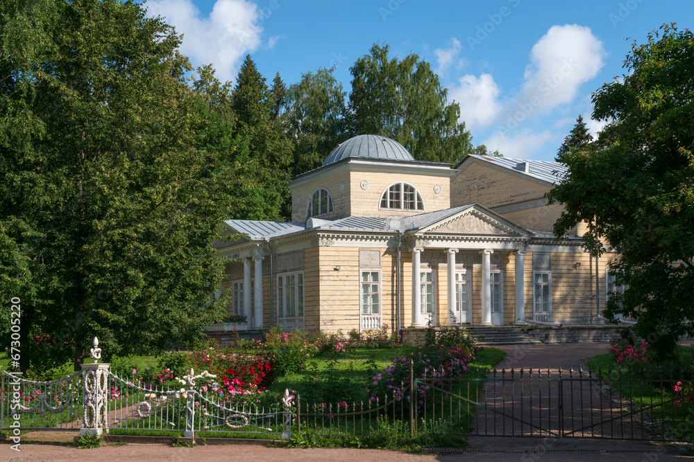 View of the Pavilion of Roses (Pink Pavilion) in Pavlovsky Park — landscape park as part of the Pavlovsk State Museum-Reserve on a sunny summer day, St. Petersburg, Russia
